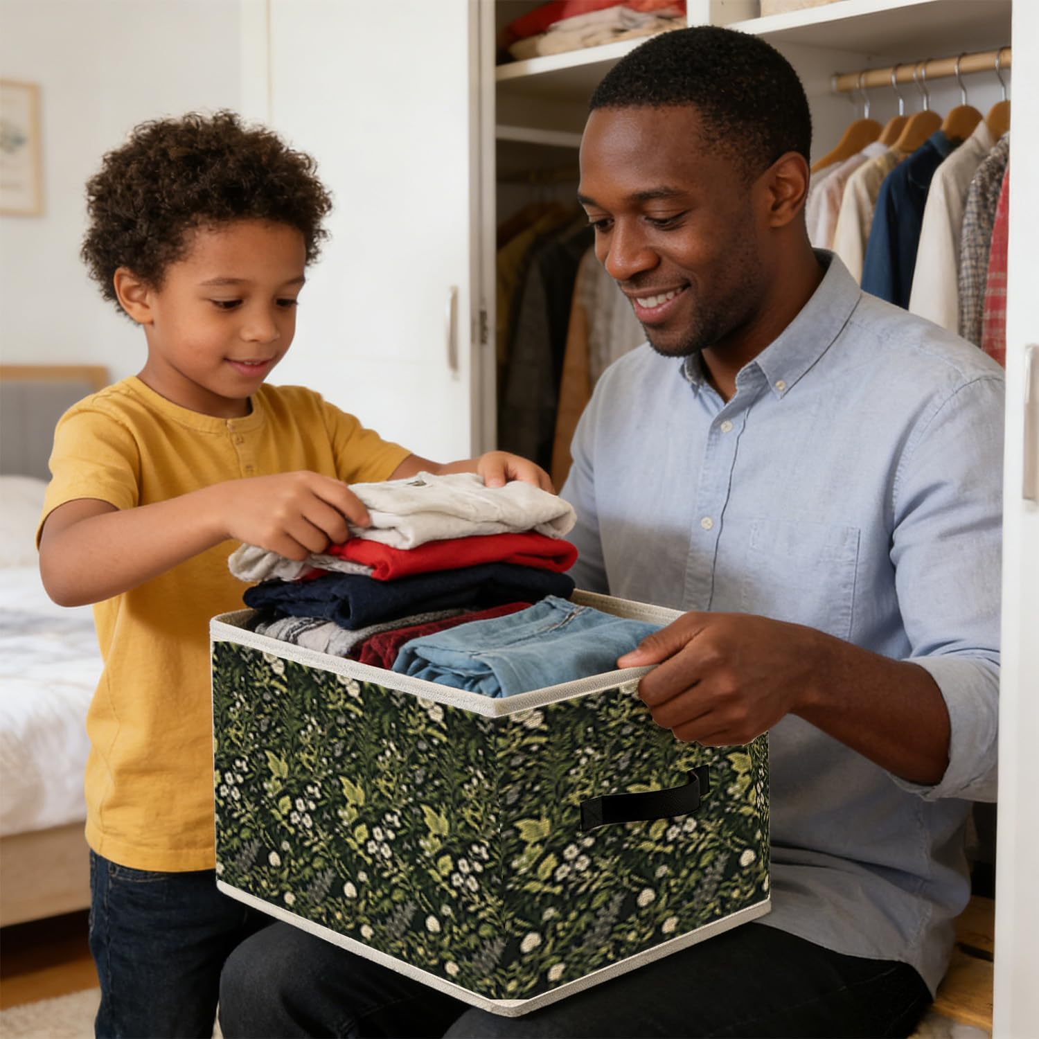 Foldable Fabric Storage Cubes Organizer - Sage Green Floral Pattern Collapsible Storage Cubes with Handles for Shelves, Decorative Collapsible Baskets for Organizing Clothes Toy Nursery Dorm 538 image 5