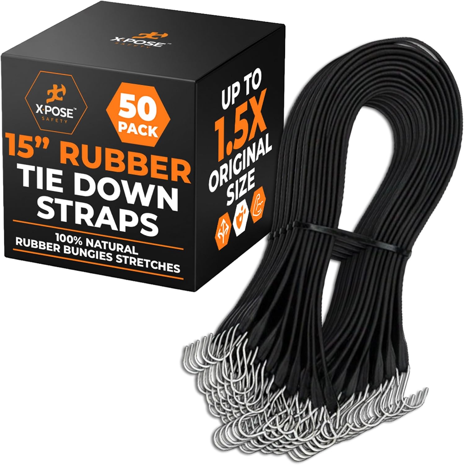 Rubber Bungee Cords with Hooks 50 Pack 15 Inch (23” Max Stretch) Heavy-Duty Black Tie Down Straps for Outdoor, Tarp Covers, Canvas Canopies, Motorcycle, and Cargo - by Xpose Safety