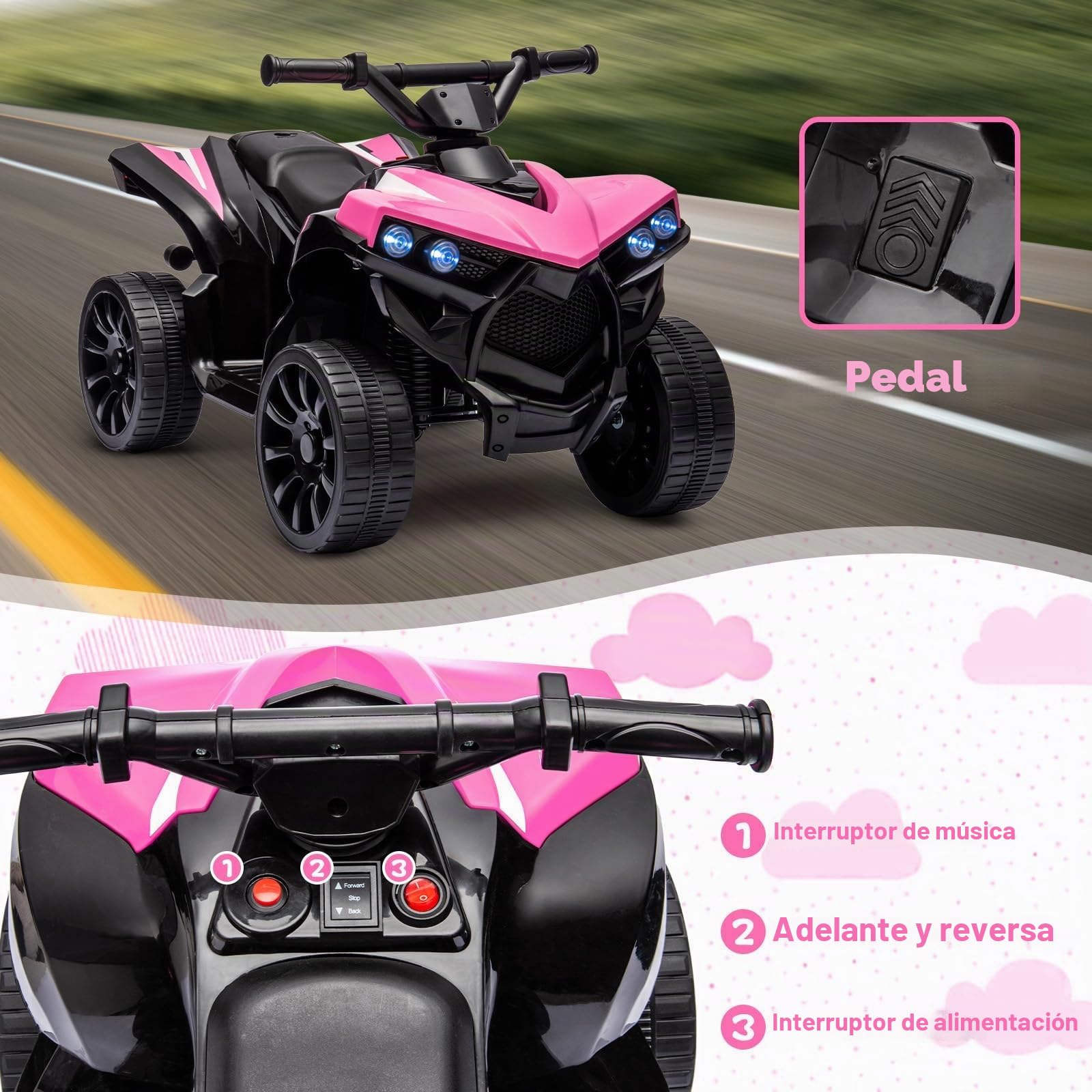 Garvee Quad Eléctrico Niño, Coche Eléctrico para Niños con LED Y Música,1.5-3 Km/h, Bocina, ATV para Niños 3+