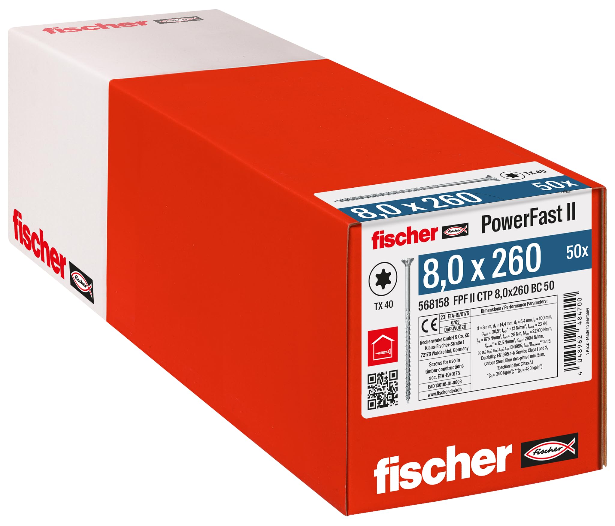 fischer 568158 CTP 8,0 x 260 50 unidades PowerFast II - Tornillo para madera, color plateado