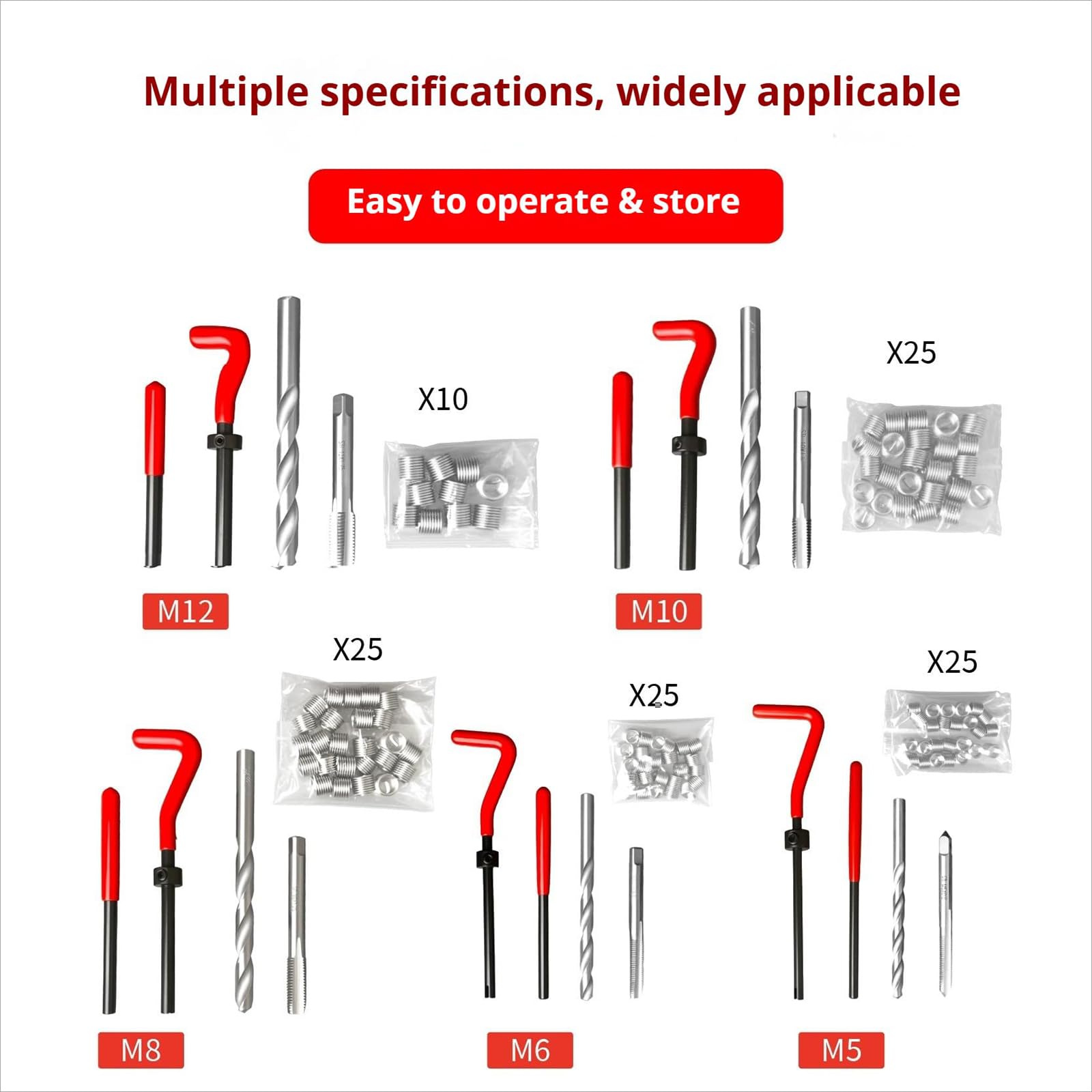 Kit di Riparazione Filettatura 131 Pezzi, Set di Utensili per Inserti Elicoidali M5-M12 con Punte da Trapano, Maschi e Installatore,Ripristino Filettatura Spelata per Candele di Motore Automobilistico