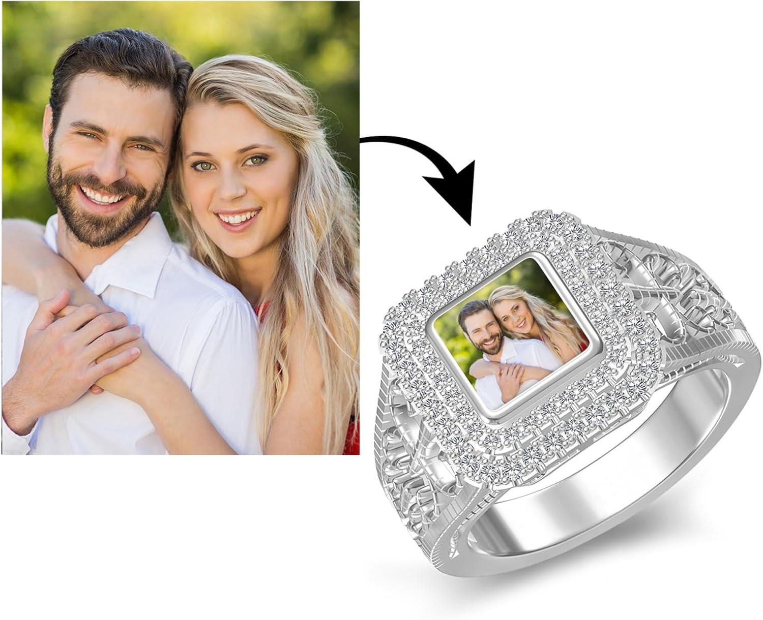 LucySky Sterling Silver Heart Chunky Band Personalized Photo Rings for Women Engraved Promise Ring for Women Mom Grandma on Mother's Day Christmas Birthday