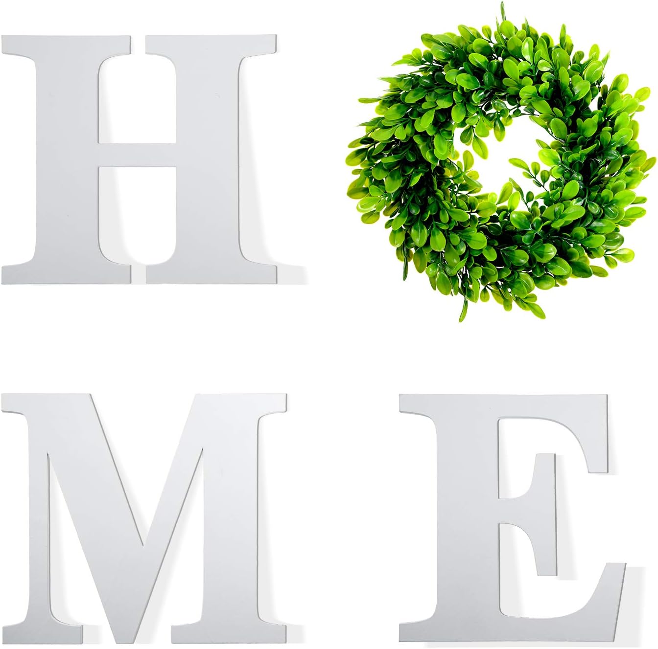 Wooden Letters Home Sign Artificial Wooden Letters H M E with Round Boxwood Wreath Unfinished Wood Letter Plastic Green Leaves Wreath for Rustic Home Wall Door Decoration (White)
