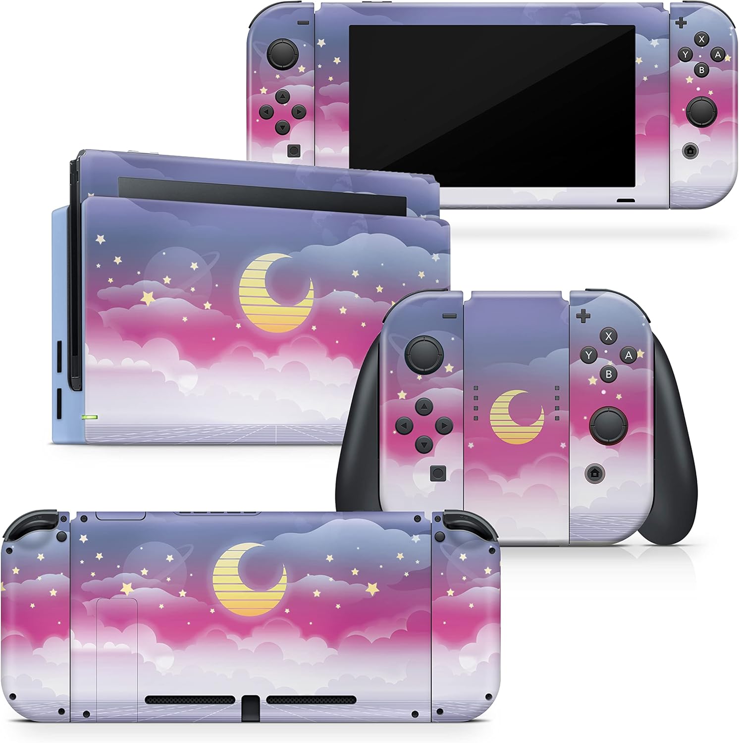 Tacky Design Clouds Skin Compatible Nintendo Switch Skin Wrap Cover, Moon Stickers, Premium Vinyl 3M Full Wrap Decal, Purple Starry Sky