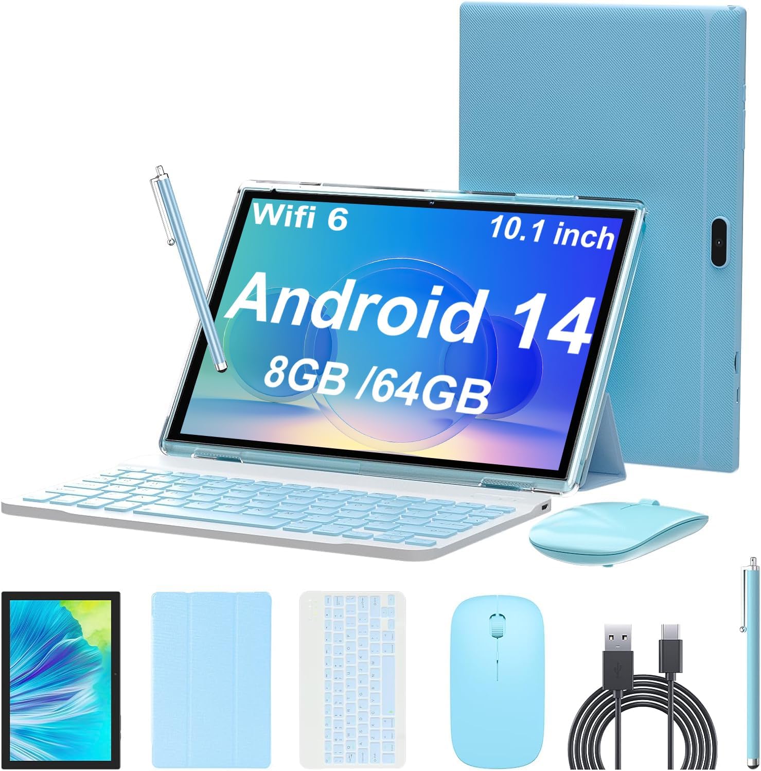 Android 14 Tablet, 10 Inch 8GB RAM+64GB ROM+1TB Expand, 1.8Ghz Quad-core Processor, 2 in 1 Tablets with Keyboard/Mouse/Case/Stylus, 8MP Camera, 6000mAh Battery, 1280 * 800 HD Screen, 5G WiFi 6 Tablet 2 in 1 Blue Set