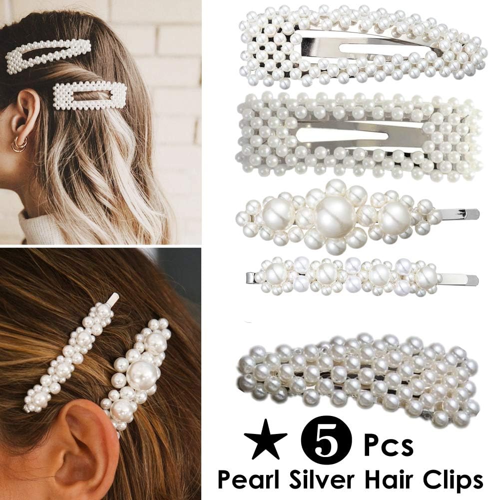 ANGELANGELA 5PCS Silver Pearl Hair Clips Set for Women Girls Mom Kids, Mothers Day Gift, Large Beaded Pearl Flower Barrettes Hairpin Wedding Mother Daughter Best Friends Matching Hair Pin