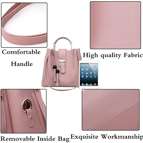 Miniatura 5 de Bolso y bolso para mujer 3 piezas con borla bolso de mano con asa superior Beige, Negro, Marrón, Burgundy, gris, Rosa/Rebel Fun.