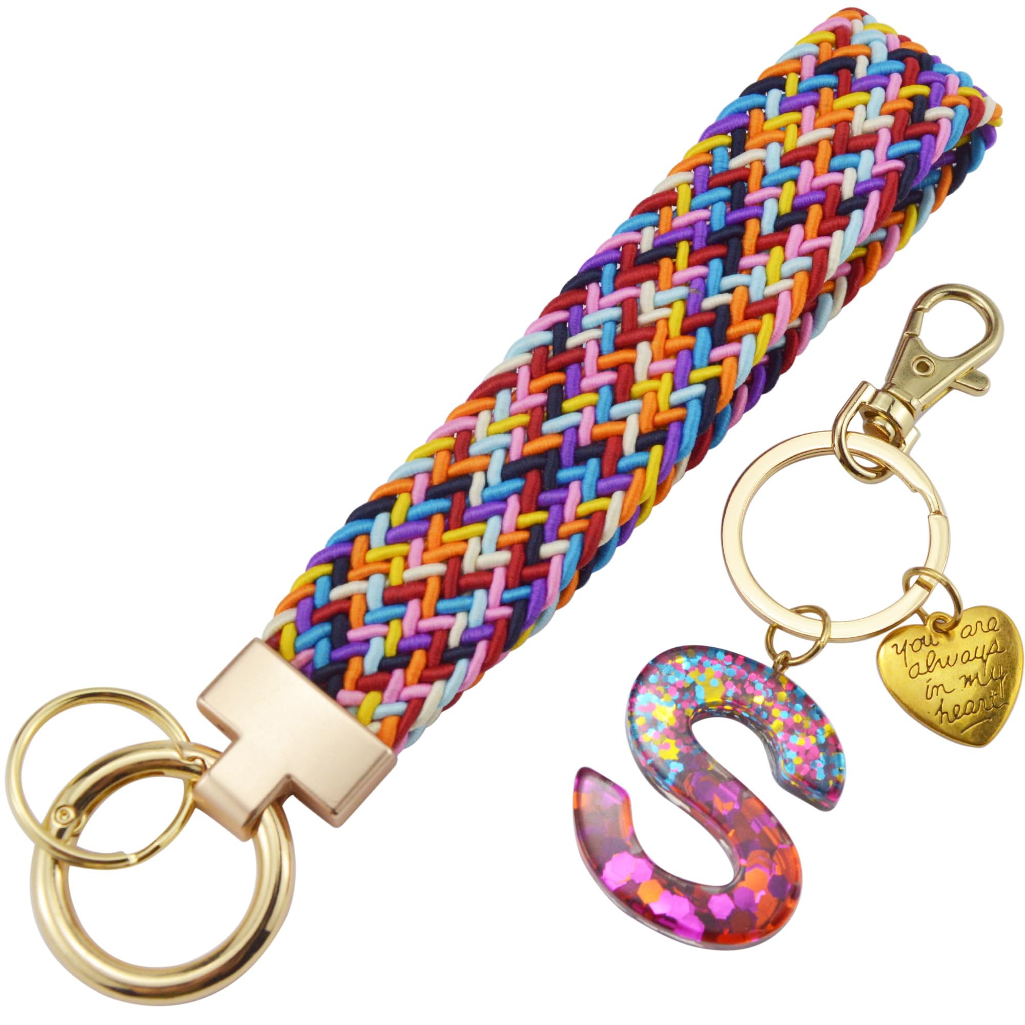 Wristlet Keychain with Initial Letter Colourful Braided Cute Wrist Lanyards Strap for Keys Wallet Handbag Phone