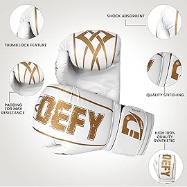 DEFY Boxing Gloves for Men & Women - Premium Quality Synthetic Leather Boxing Gloves for Training - Perfect for Punching Heavy Bags, Sparring, & Fighting Gloves (White, 16oz)