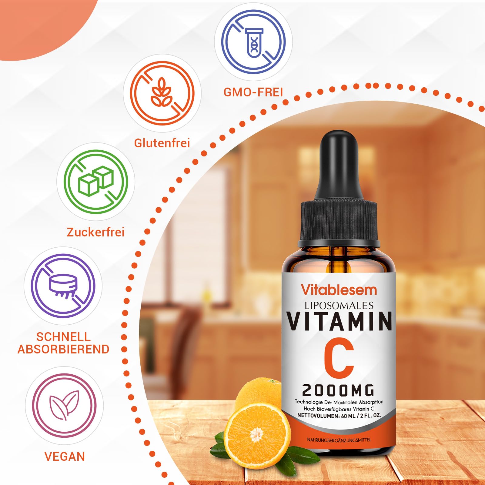 Liposomales Vitamin C Flüssig 2000 mg, Hochdosierte Ascorbinsäure, Maximale Absorption, Hochgradig Bioverfügbar, Sojafrei, Vegan, Gentechnikfrei