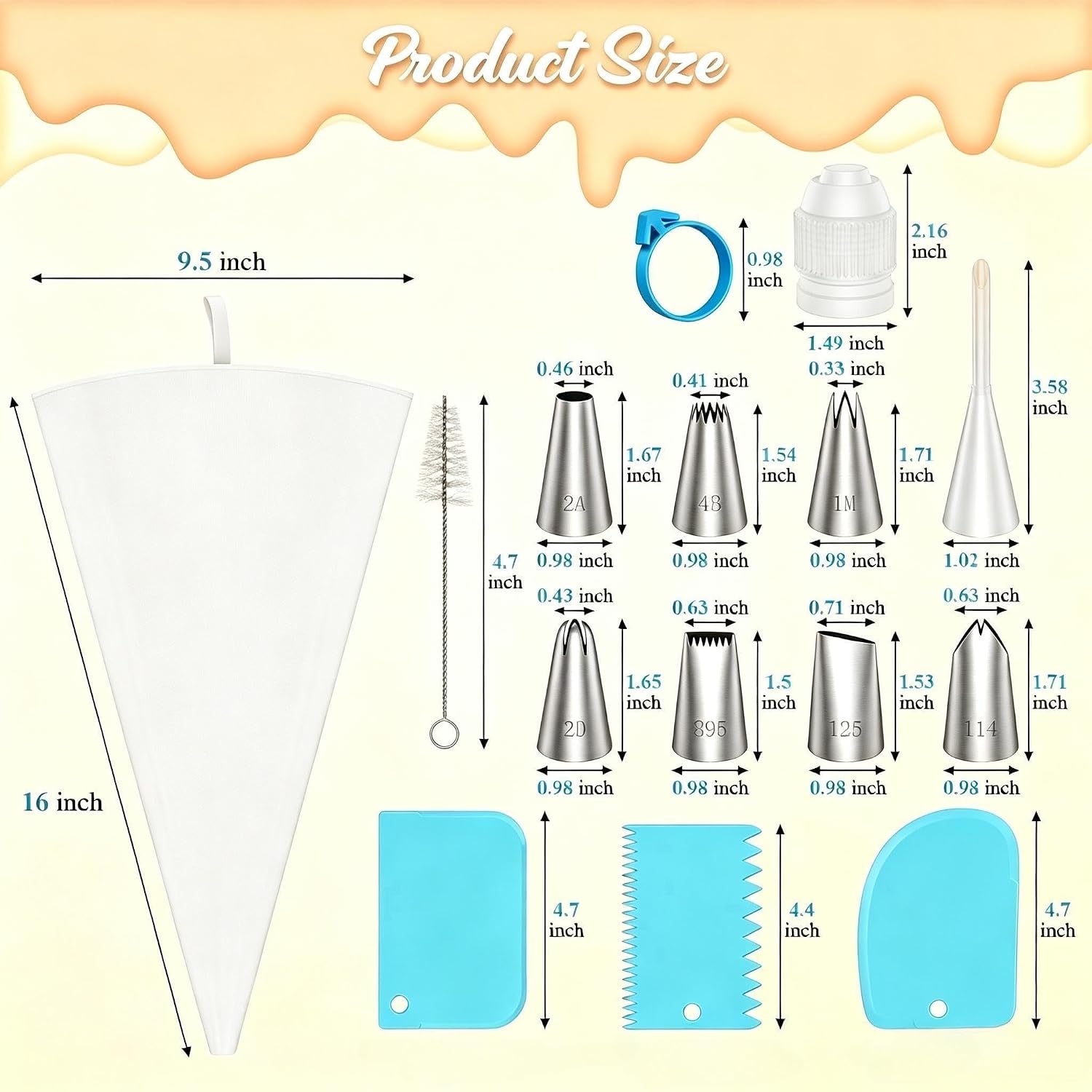 Piping Bags and Tips Set, 16 Inch Cotton Reusable 2 Piping Bags, 7 Piping Tips, 2 Couplers, 1 Puff Tip, 1 Brushes, 3 Scrapers. Icing Bags and Tips Set for Cakes/Cupcakes Decorating.