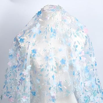 62.99 Inch Light Blue 3D Flower Sequin Tulle Cloth Pattern Netting Sheer Soft Polyester Sparkle Floral Glitter Wedding Mesh Lace Fabric for Sewing Making Crafts Supply Clothes Dress Decors