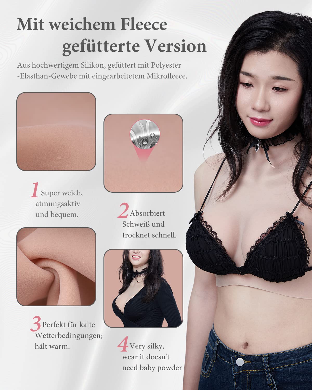 Peikey Silikon Brüste, [Verbessertes Silikon mit Fleece-Futter] Natürlichere Hautoberfläche, Künstliche Brüste mit Geeignete BH, Weißer Hautton-Leichte Baumwollfüller, E Körbchen