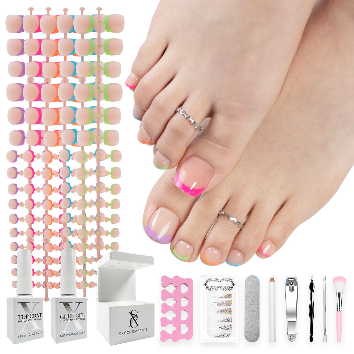 SXC Cosmetics X-Pro Tips French Tip Press-On Toenails, Short