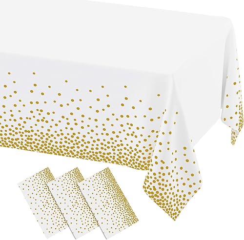 Miniatura 30 de misaya Paquete de 4 manteles desechables de lunares, mantel de plástico impermeable de 54 x 108 pulgadas, lunares dorados rectangulares en blanco