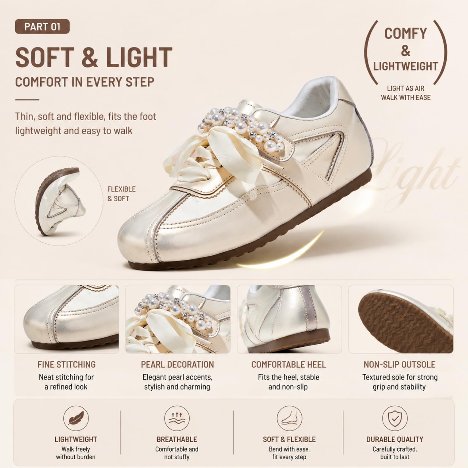 CYBHSM - Tenis de plataforma para mujer, con lazo perlado, gancho y bucle, estilo retro, ligeros, invisibles, con levantamiento de talón, zapatos casuales para caminar
