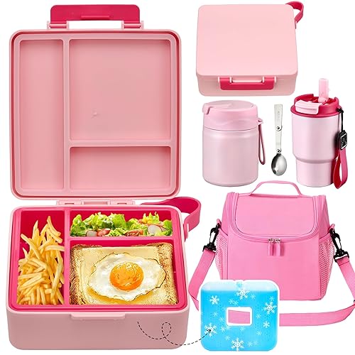 Pawtong Lunch Box Set with Bento Box Container, 17OZ Stainless Steel Food Soup Thermo, Kids Water Bottle & Portable Insulated Lunch Bag – Leakproof, Hot/Cold Retention for School, Travel(Pink)