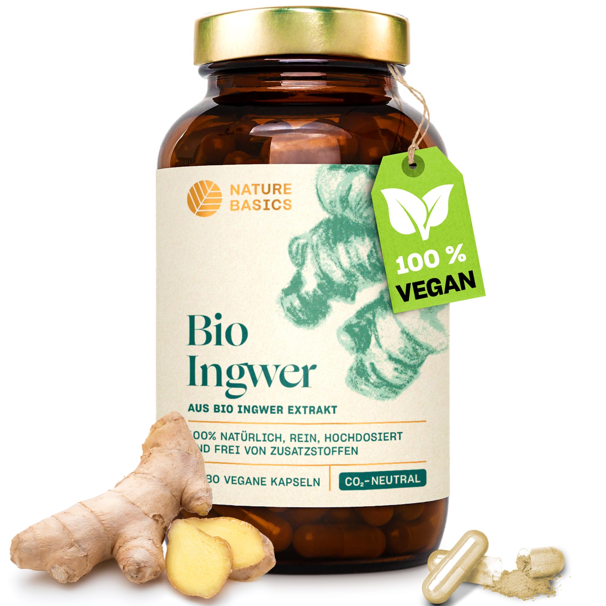 Bio Ingwer Extrakt Kapseln - 180 Kapseln hochdosiert / 600 mg reines Bio Ingwer Extrakt pro Tagesdosis/Ayurvedisch/Vegan, Zertifiziert & Nachhaltig im Glas