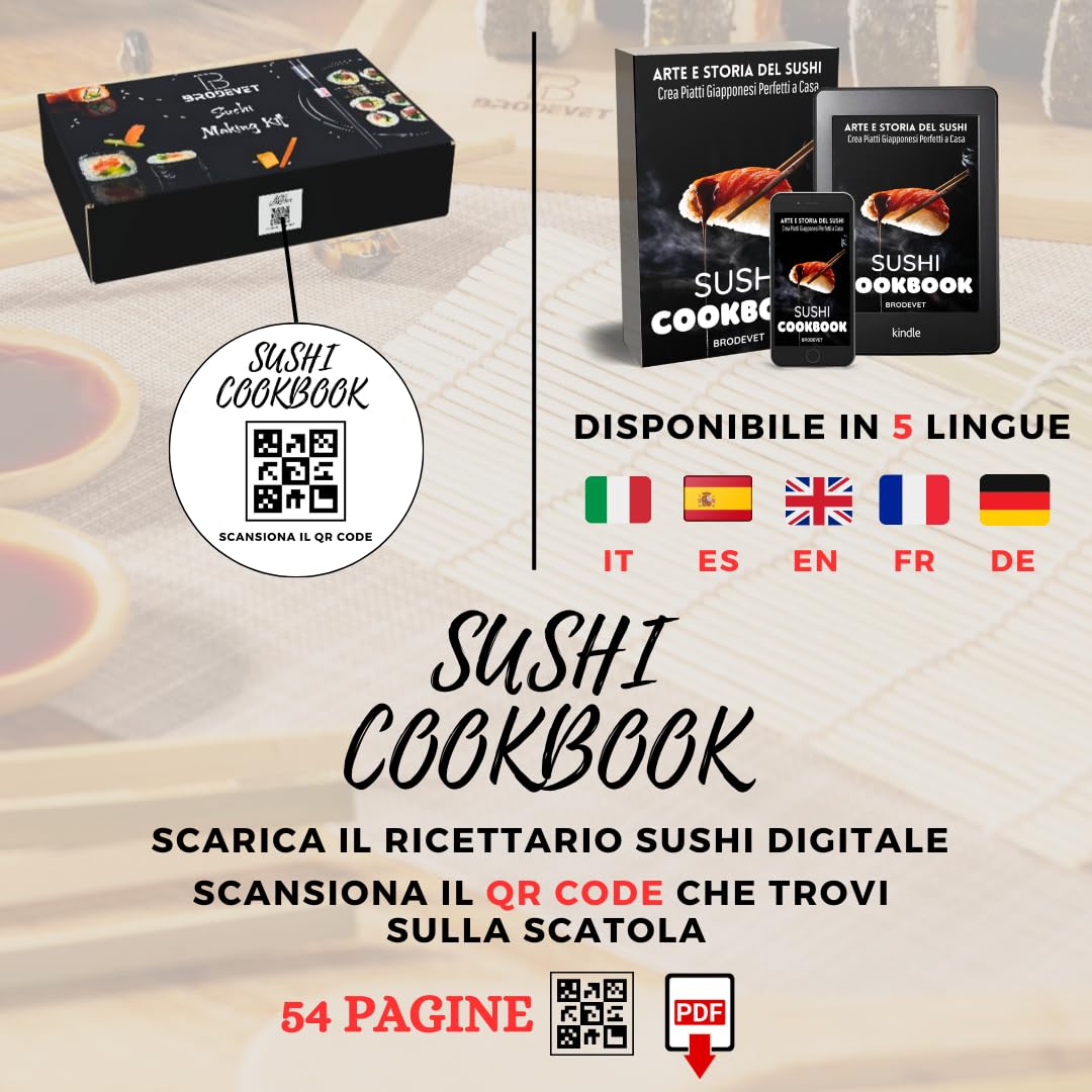 Kit Sushi 2025 – 29 Piezas con Guía Práctica, Recetario, Palillos Japoneses, Esterilla Sushi, Molde Onigiri, Arroz Sushi, Alga Nori para Sushi – Set Profesional DIY para Principiantes