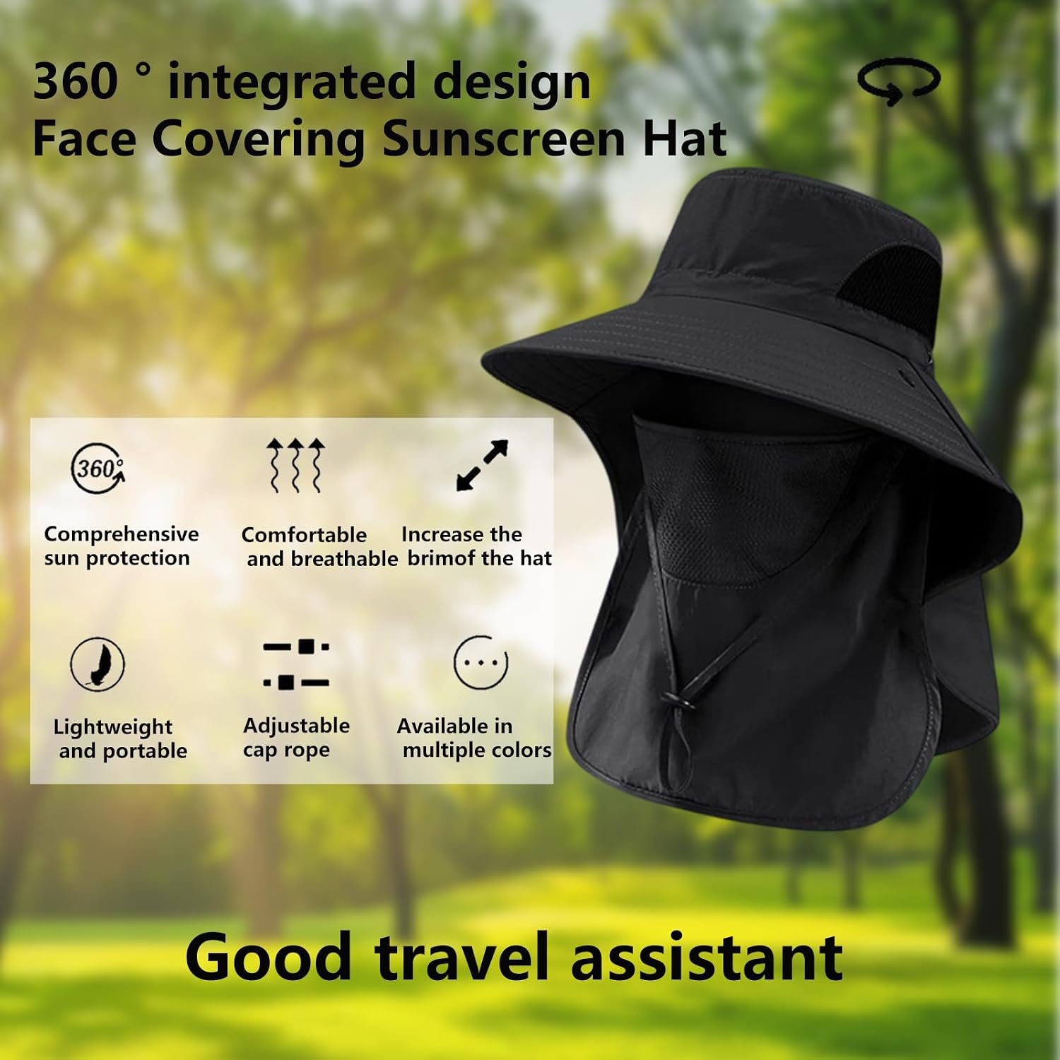 Chapéus de sol para homens e mulheres 2025 com aba de pescoço FPS proteção UV chapéu balde largo chapéus de caminhada pesca, Preto, Tamanho Único