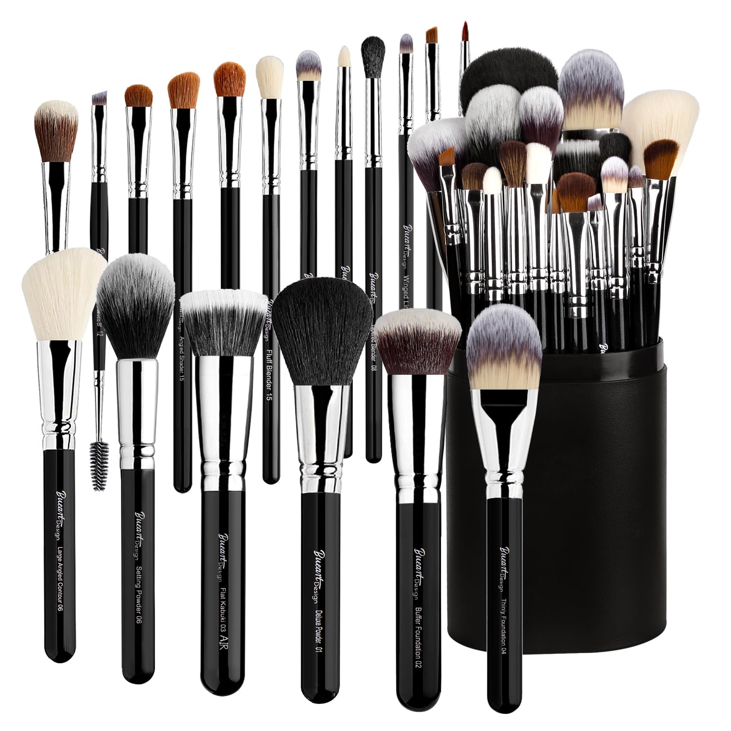 Bueart Design Lot de 19 pinceaux de maquillage professionnels avec étui de support, poils doux végétaliens sans cruauté envers les animaux pour fond de teint, estompage, fard à paupières Noir