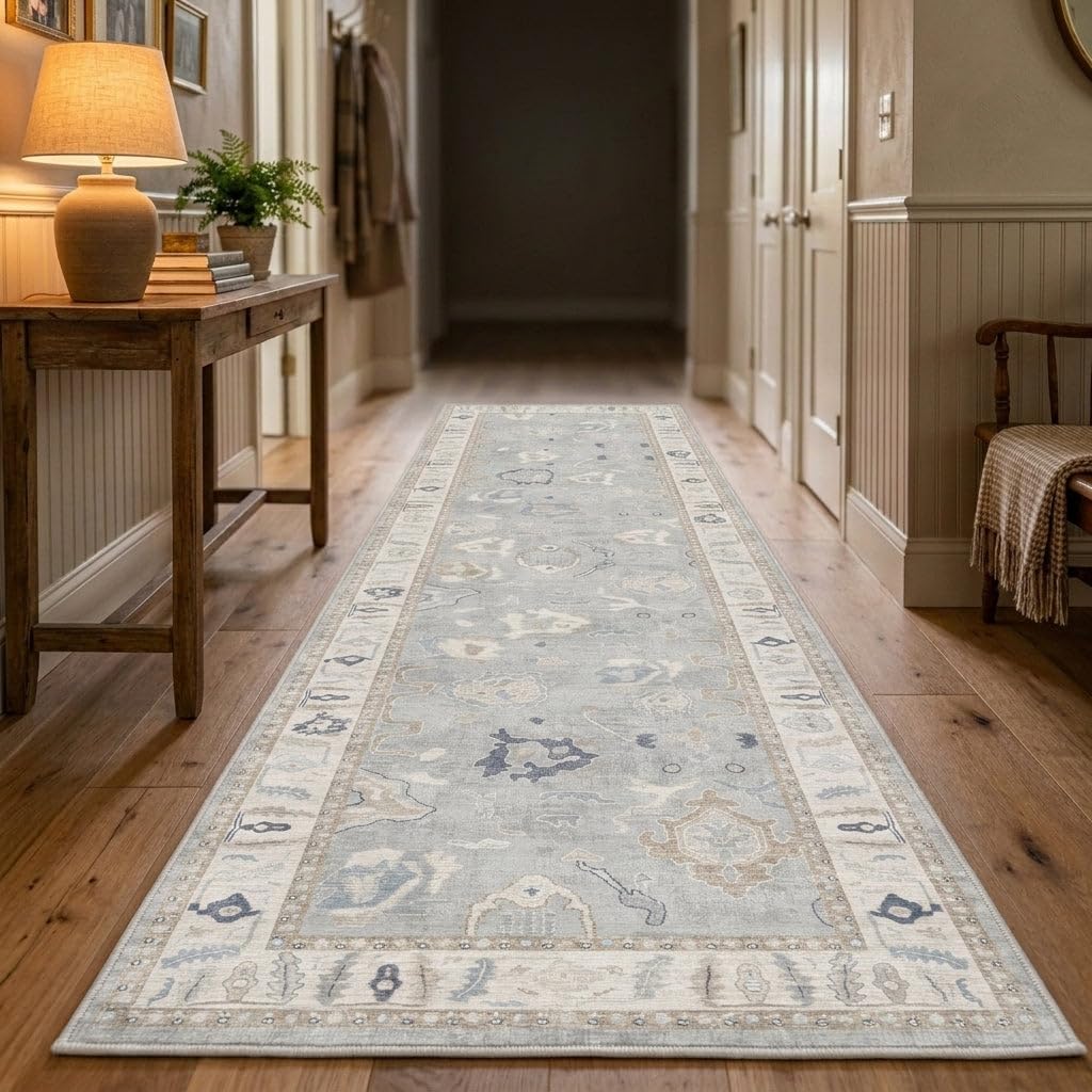 Fame Rugs Gray Modern Oushak Rug 2'6"x10, Vintage Turkish Colorful Oriental Antique Inspired Foldable Long Washable Runner Rugs, Luxury Living Room Bedroom (Gbeige, 2'6" x 10')