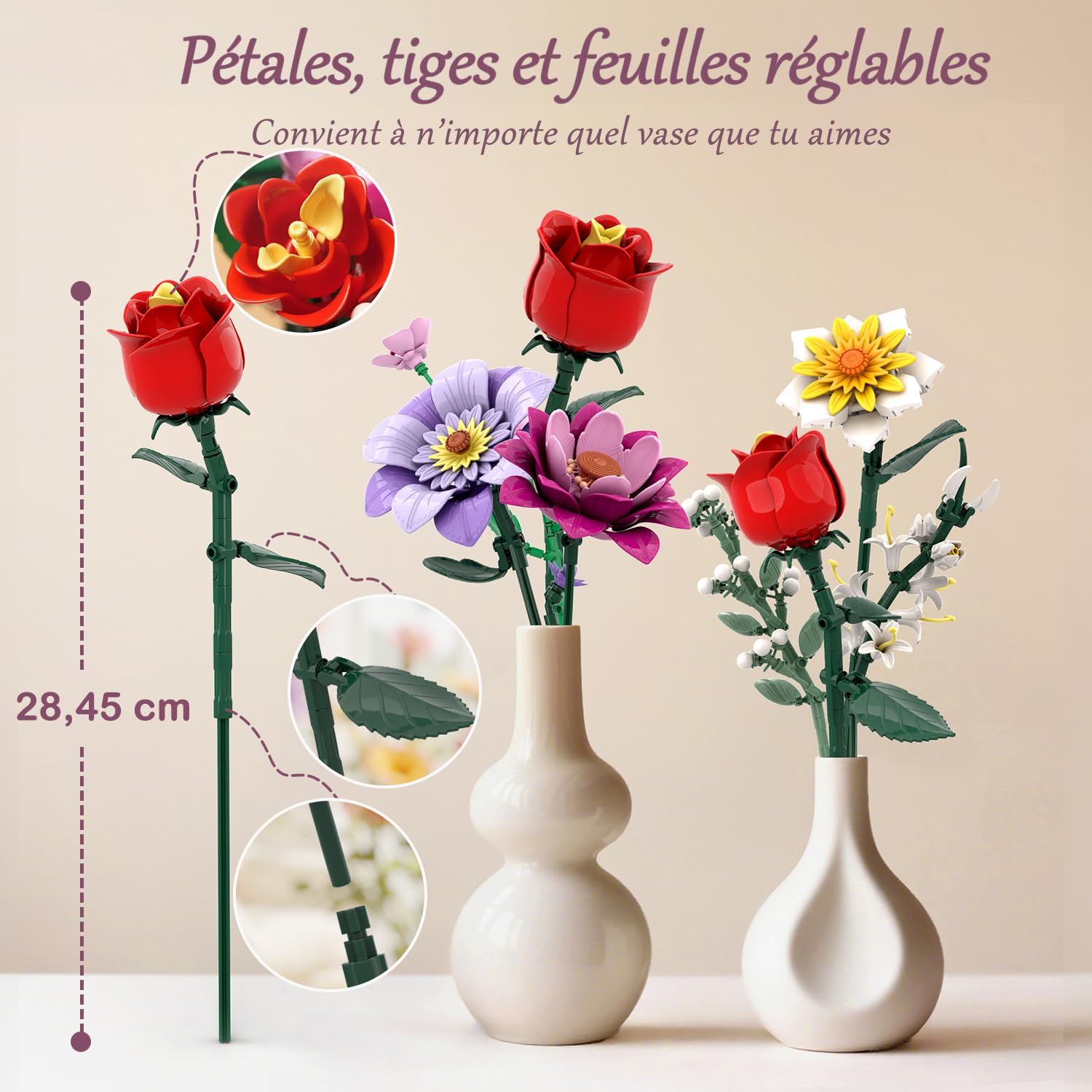 Set de Construction de Bouquet de Fleurs avec Vase Bicolore, 16 Bouquets de Fleurs Artificielles pour Adultes & Femmes, Compatible avec la Lego Collection de Bouquets de Fleurs Botanicals, 1278 Pièces