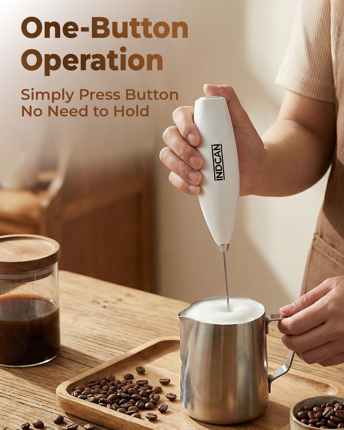 INDCAN Milk Frother Handheld Battery Operated Electric Foam Maker, Variable Speed Drink Mixer, Portable Frother Wand with Stainless Steel Whisk and Stand for Coffee, Latte & Matcha (Classic+, White)