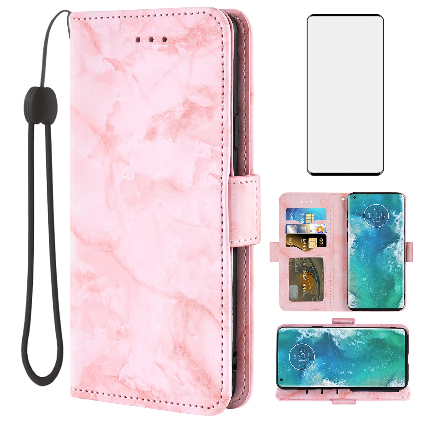 Asuwish Compatible with Moto Edge Plus and Tempered Glass Screen Protector Cell Accessories Card Holder Slot Stand Kickstand Protective Flip Marble