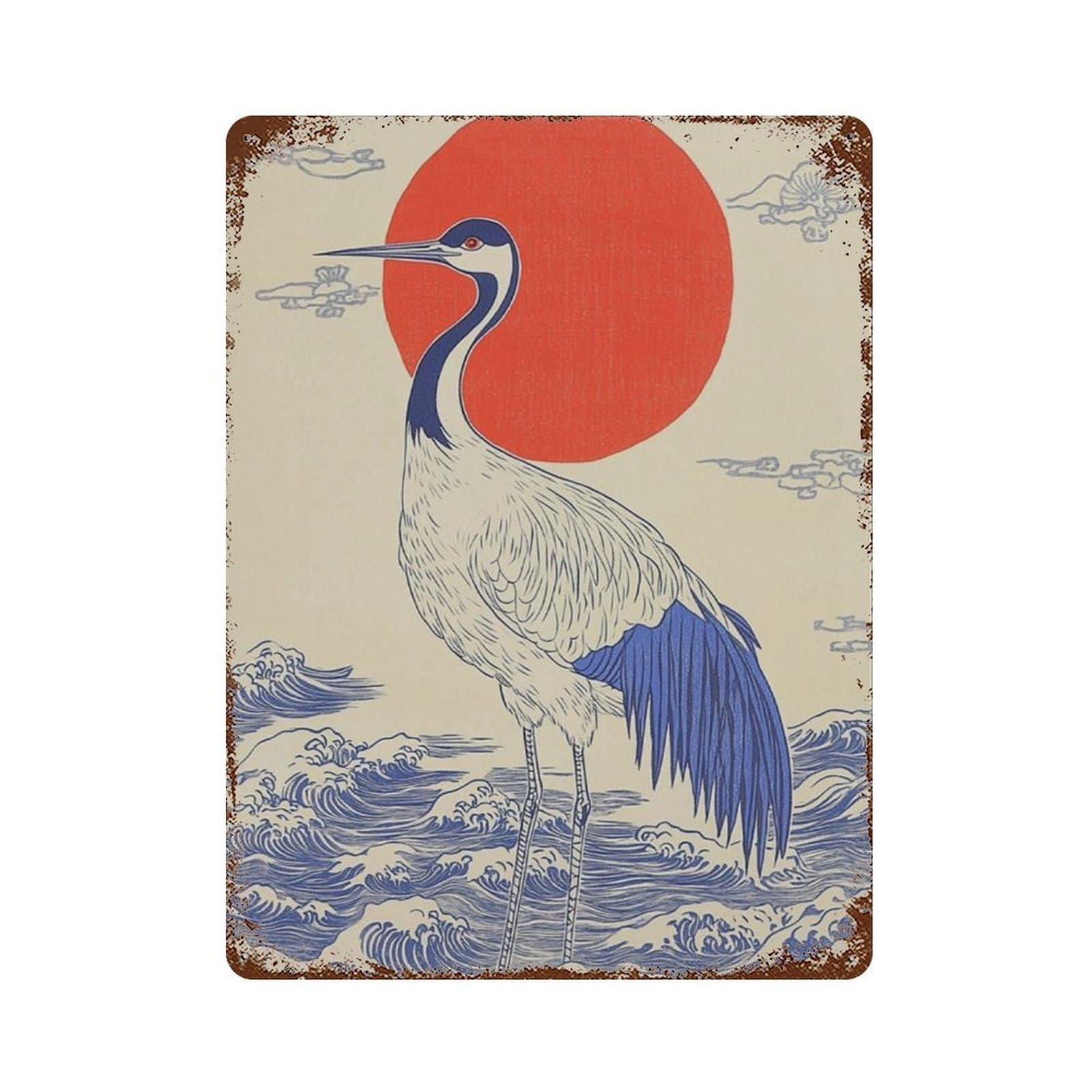 xiaoxiaoshen Japanese Crane Red Sun Asian Bird Ocean Wave Work Minimal Zen Wall Decor Art Metal Tin Poster Modern Home Decor Art Home Bar Shop Decorations Vintage Sign 40x30cm