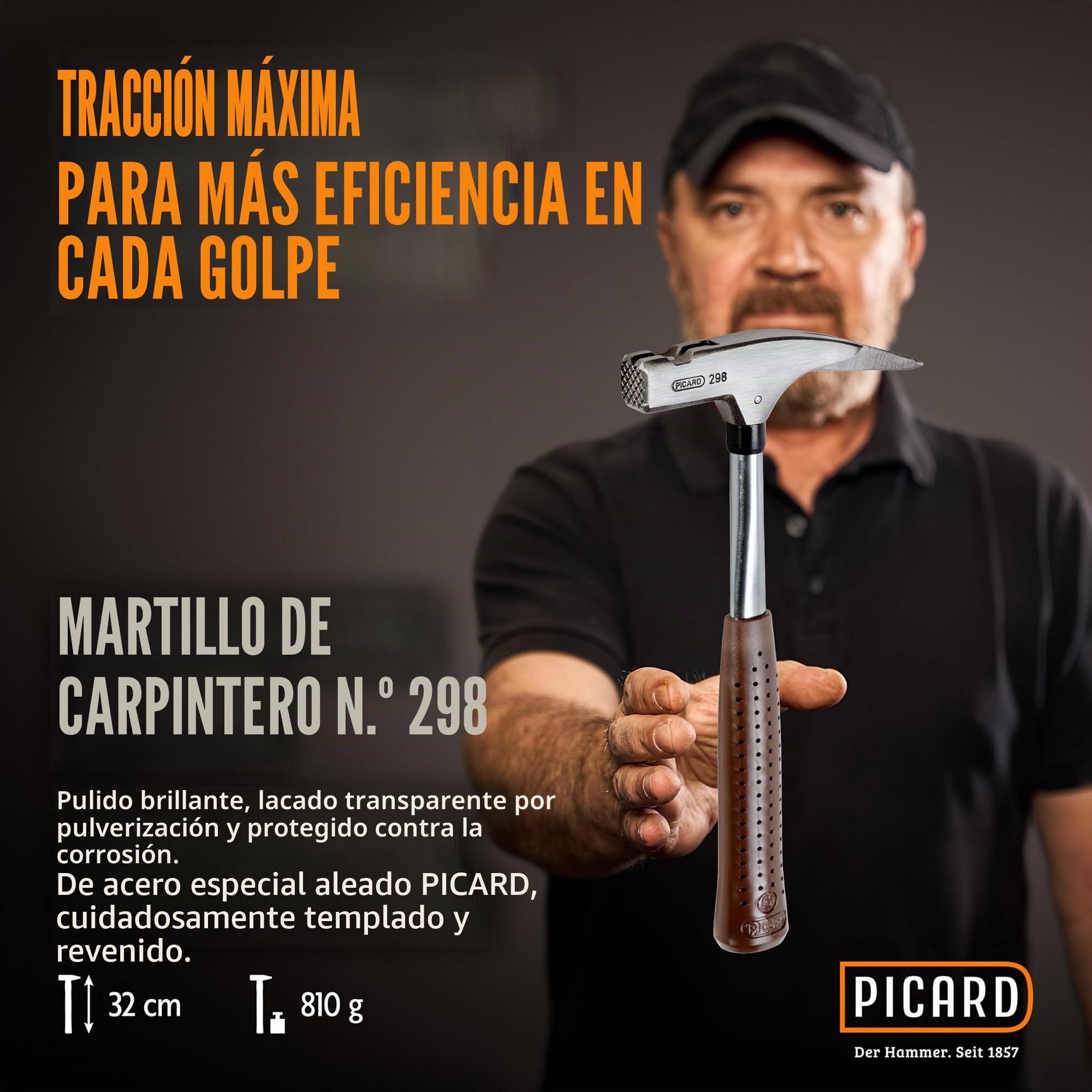 Martillo de carpintero Picard Nr. 298 + sacaclavos | 600 g de peso del cabezal | Pista rugosa | Soporte magnético para clavos | Protegido contra la corrosión | Mango de tubo de acero cromo-molibdeno |
