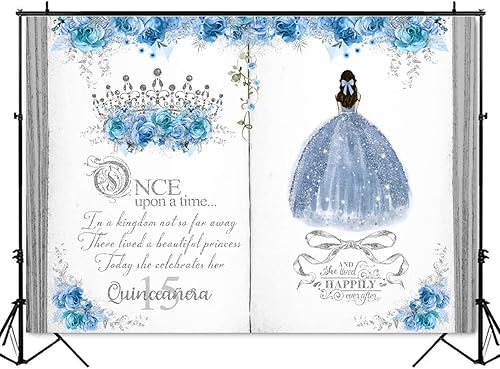 Miniatura 5 de Mocsicka Telón de fondo de quinceañera para fiesta de cumpleaños número 15 para niña, decoración de fiesta de membrillo azul plateado con flores