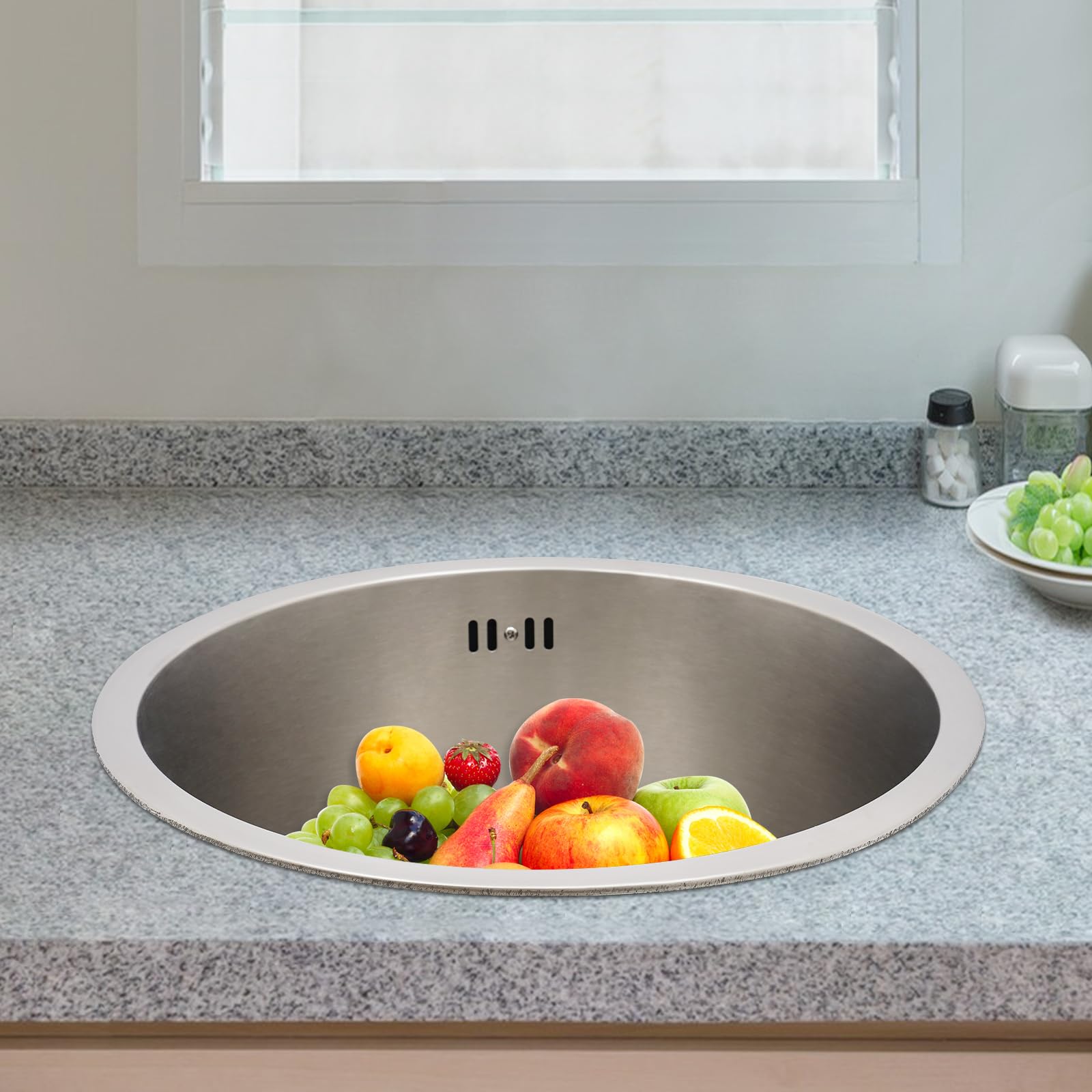 Spülbecken Rund Küche Edelstahlspüle Durchmesser 41 cm Einbauspüle 1 Becken Küchenspüle mit Abflussrohr für Küche, Restaurant