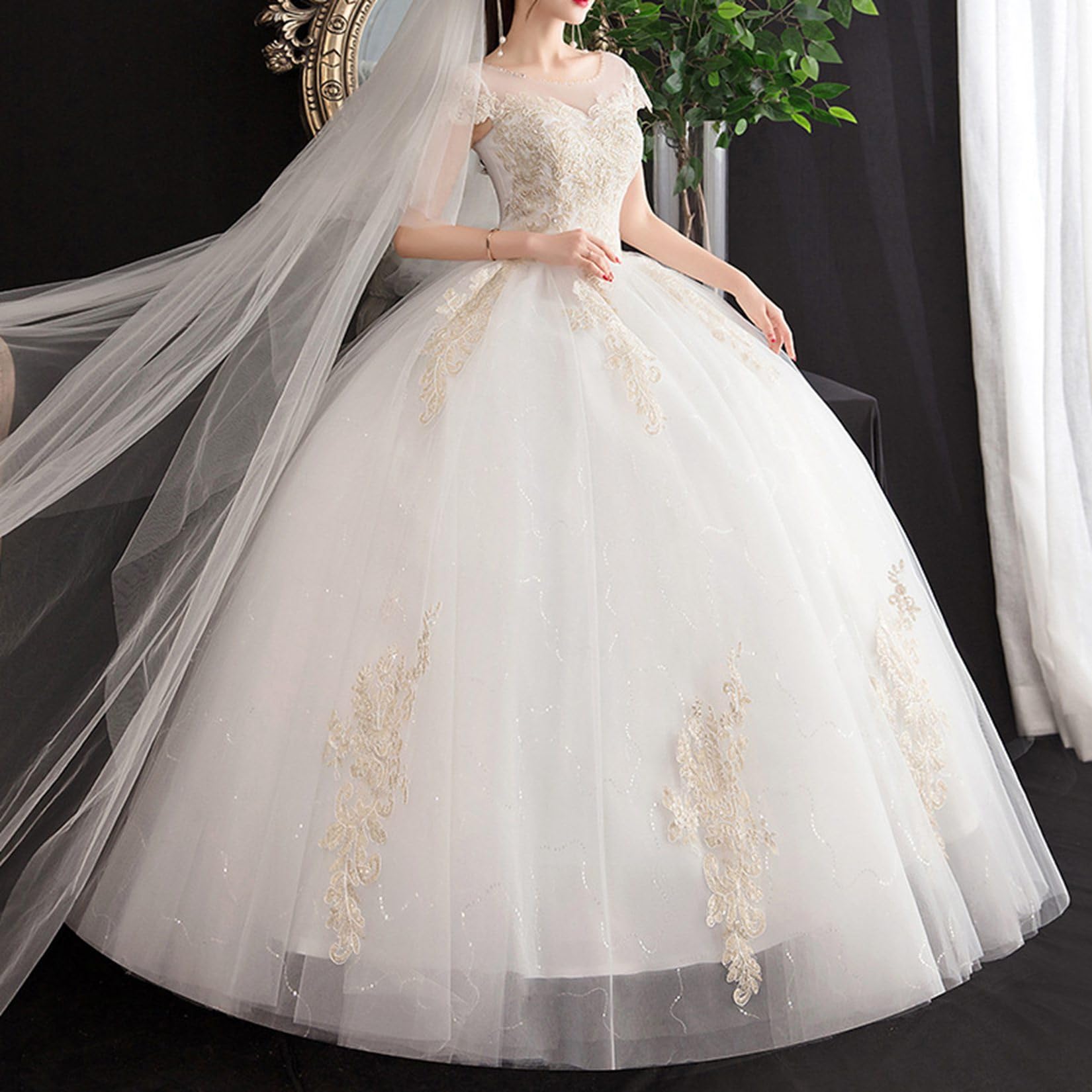 Vestido De Novia De Mujer para Mujeres Vestidos De Novia Bordados Bordados Manga Corta Vestidos De