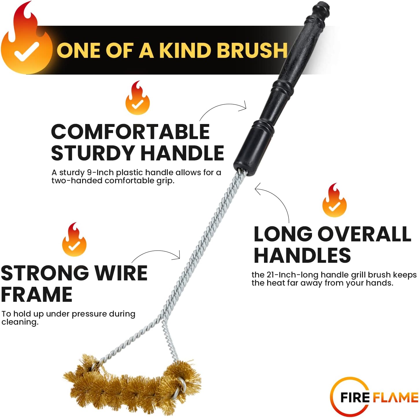 Fireflame BBQ Grill Brush – Non-Scratch Brass Bristles - 21-Inch Long Handle Barbecue Grill Cleaning Brush - Wide-Faced Spiral Heavy-Duty – Made in The USA