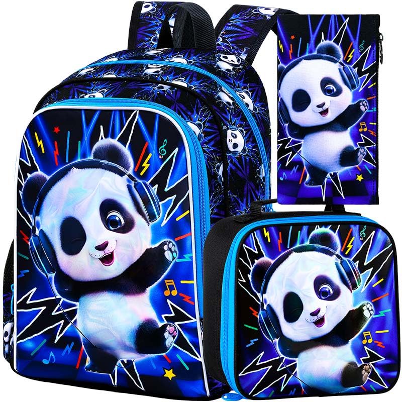 Image of 16 inch Panda Backpack for Boys, 3Pcs Kids Kindergarten Preschool Elementary Bookbag Set, School Backpacks with Lunch Box(Blue)