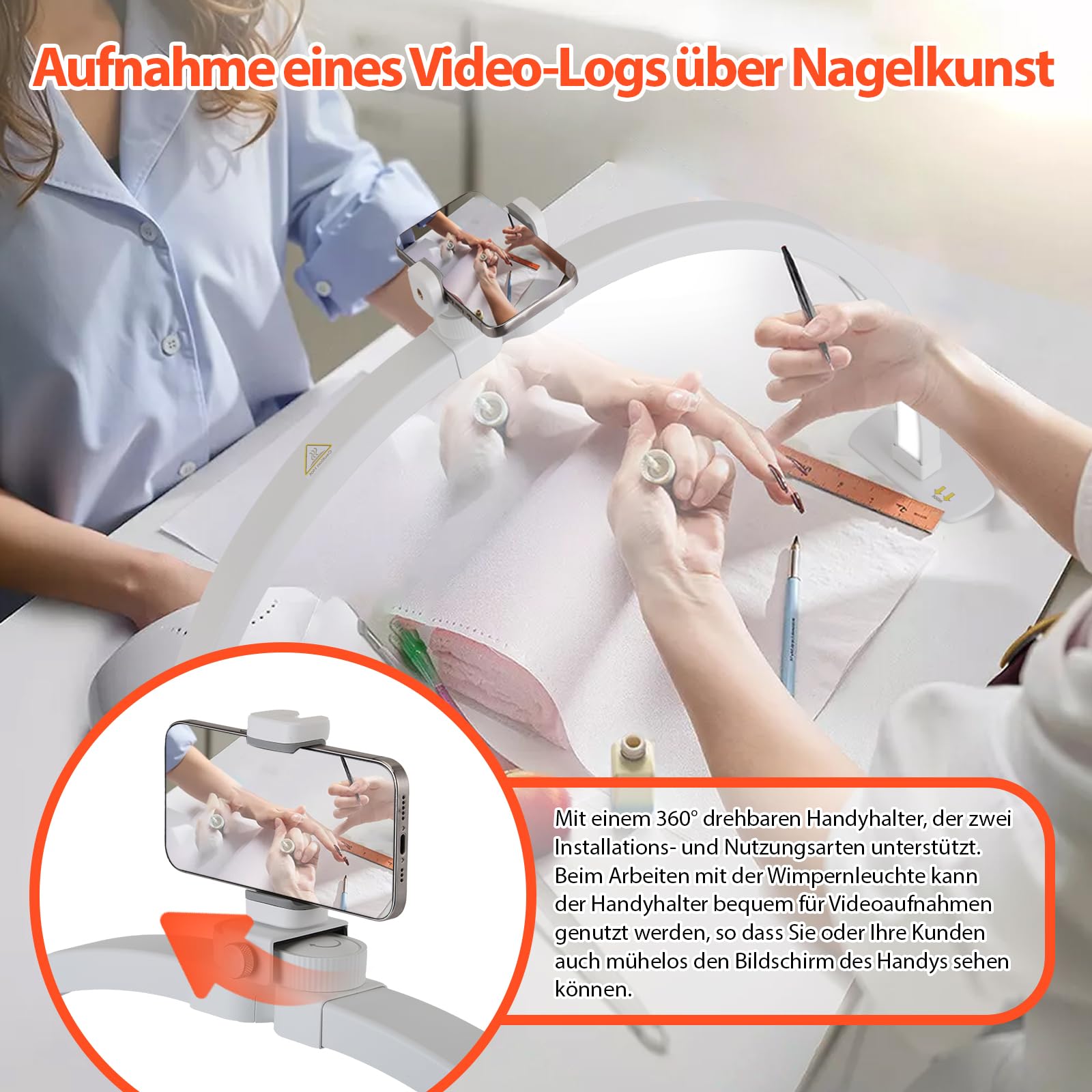 Halbmond Lampe für Nagel Schreibtisch,Faltbare LED Nageltischlampe für Nail Tech mit Telefonhalter,Nageltisch lampe mit 3 Farbmodi 10 Helligkeiten für Schönheit/Wimpern [E](Halbmond -Weiß)