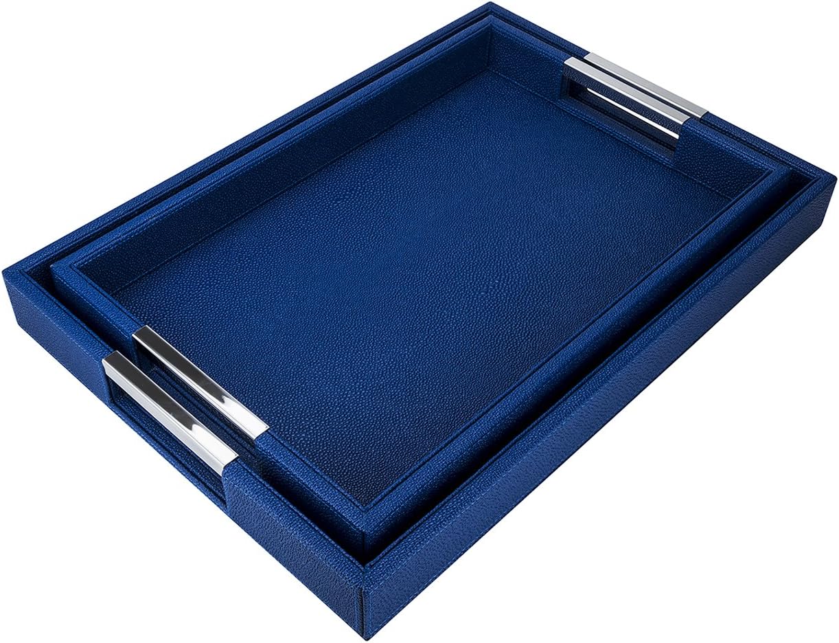 VIVE DESIGNS Shragreen Faux Leather Recangular Trays, Luxury Blue Serving Trays, Breakfast Coffee Tray, Butler Serving Trays, Set of 2