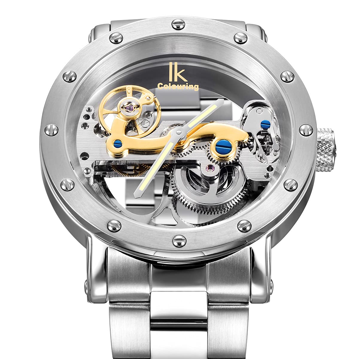 Alienwork IK Automatikuhr Armbanduhr Herren Damen Silber Edelstahl Metallarmband Skelett Glasboden