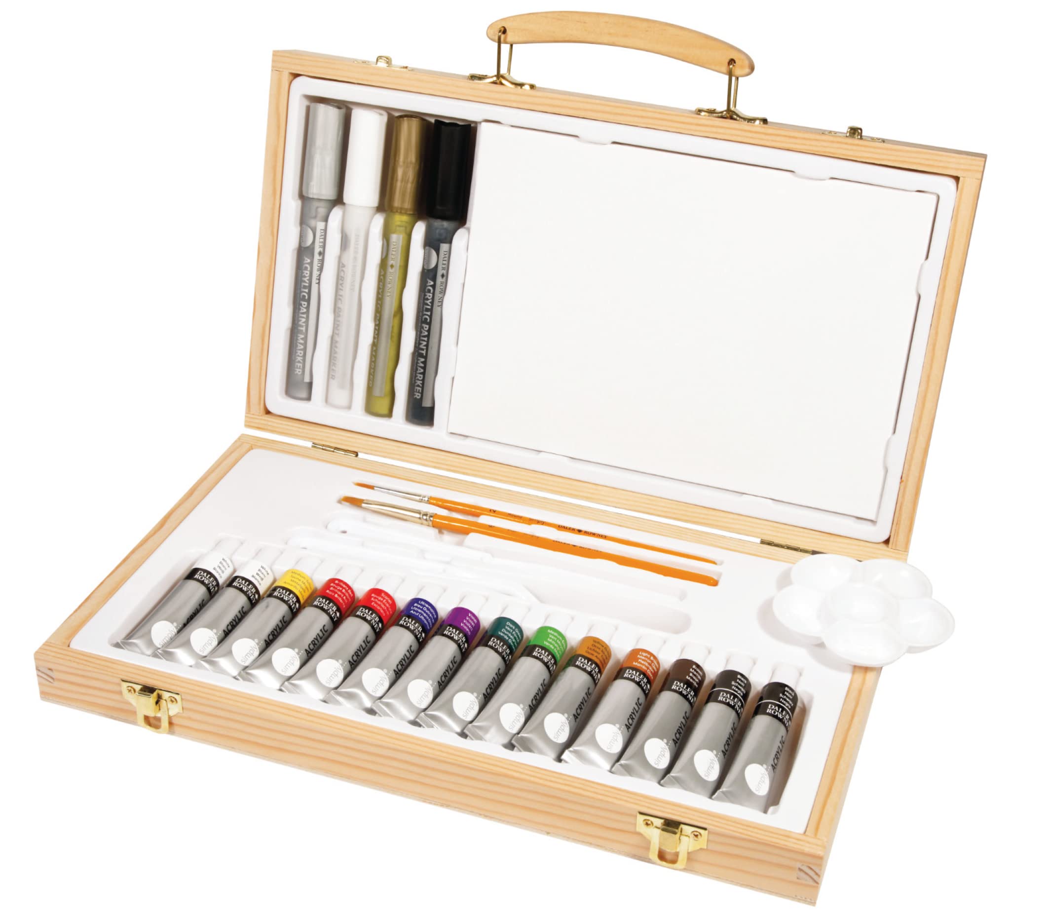 DALER ROWNEY Simply Acryl, 14 Acrylfarben und Zubehör, Holzkoffer, 26-teilig