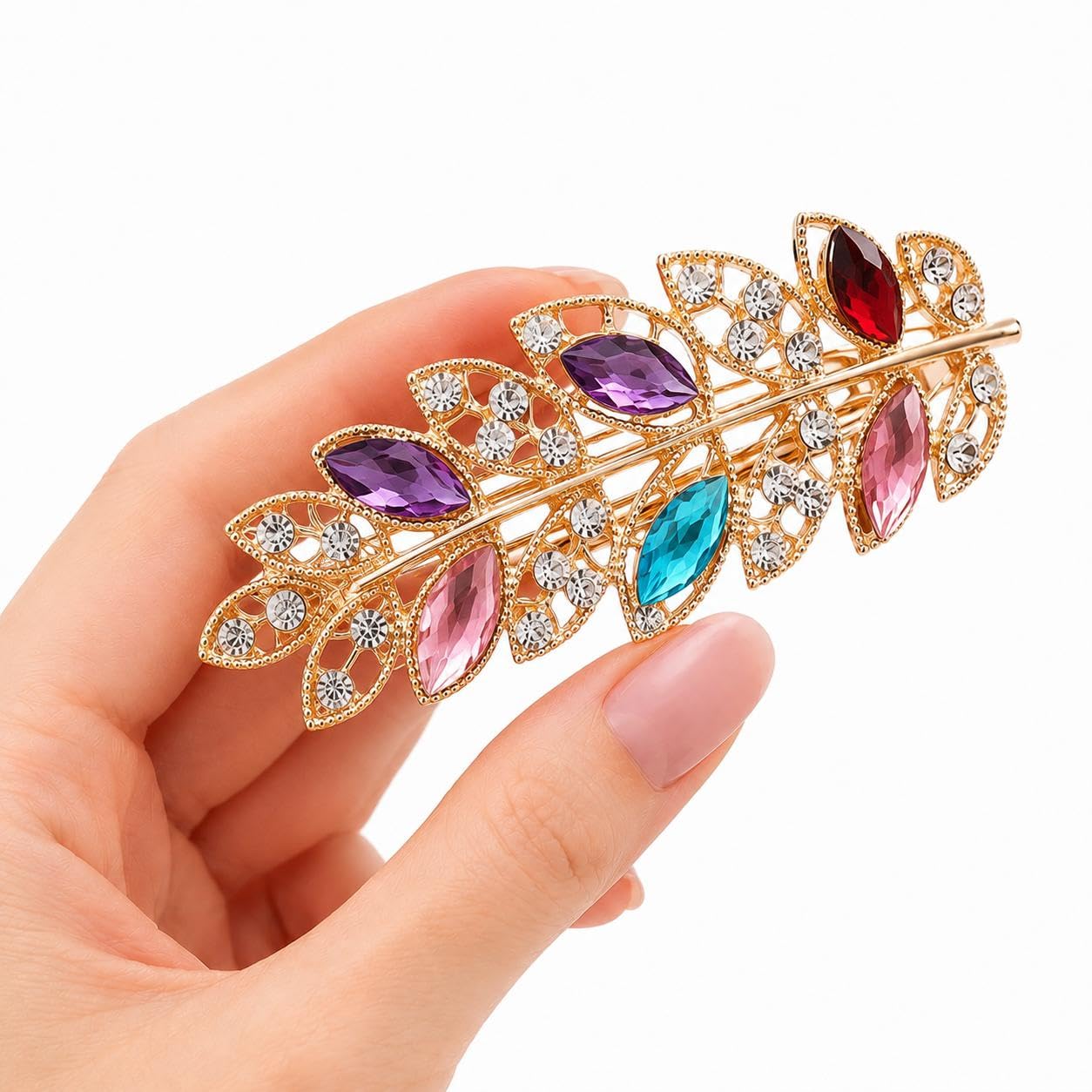 Rhinestone Leaf Hair Clip, Aluminum Alloy Spring Barrette for Everyday Hairstyles, Dressy Outfits and Party Looks