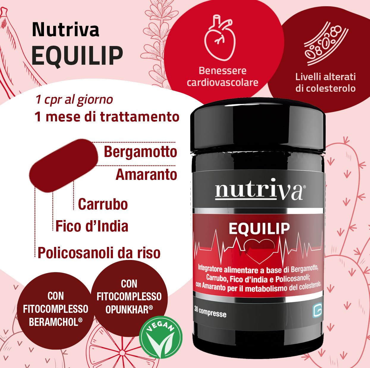 NUTRIVA Equilip Integratore Colesterolo 30 Compresse con Bergamotto Amaranto Carrubo Fico d’India e Policosanoli, Supporto Metabolismo Lipidico, Vegan