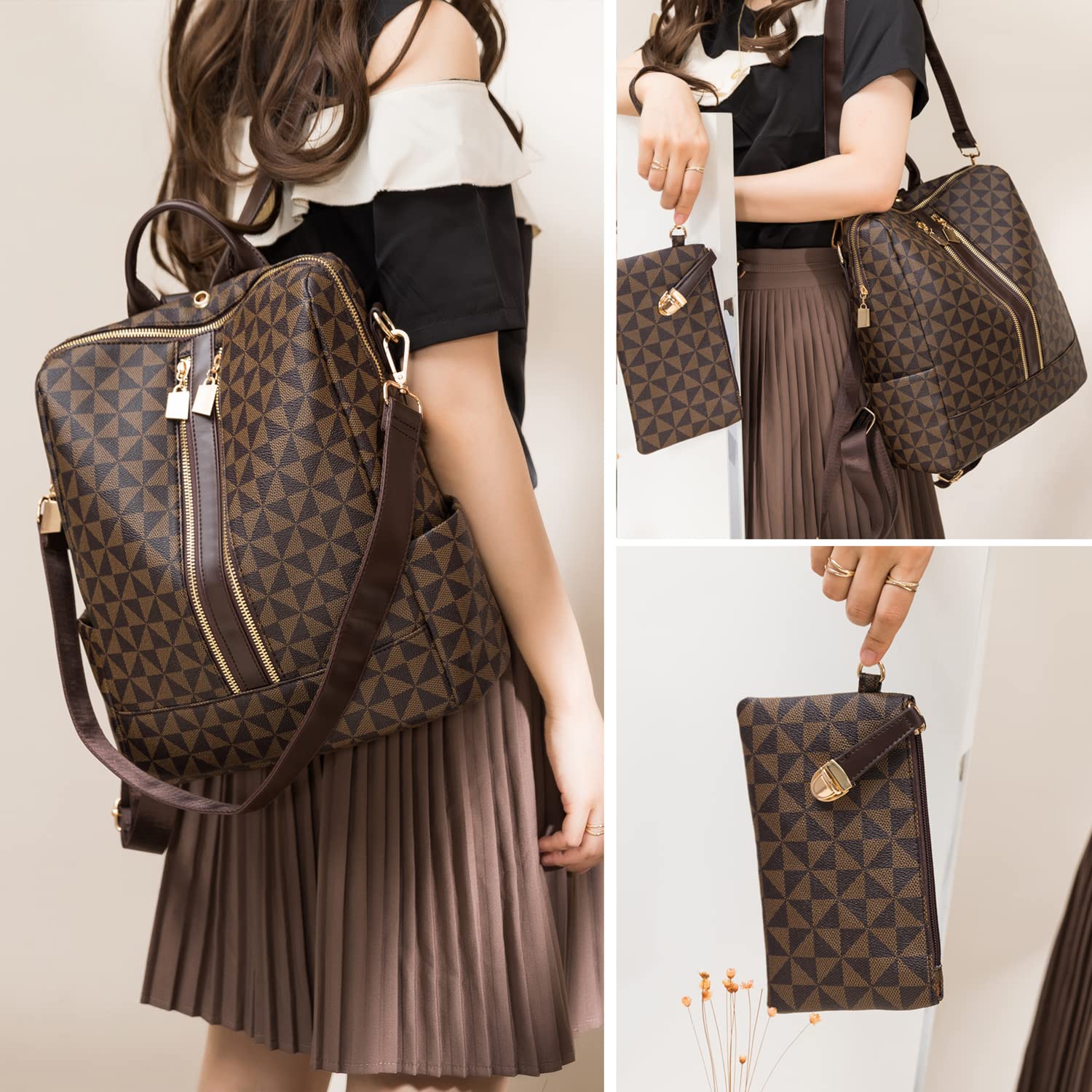 Sac à Dos PU Cuir Feminin Fille avec Portefeuille, Porté Dos Sac à Bandoulière Élégante Motif Losange à la Mode, Sac d'école Léger Multipocket Grande Capacité, Chic Sac pour Bureaux L'école et Voyage