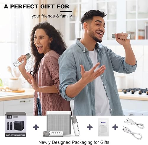 Miniatura 2 de FULLIFE Máquina de karaoke para adultos/niños, altavoz portátil de karaoke Bluetooth de 3000 mAh con 2 micrófonos inalámbricos, sistema PA de
