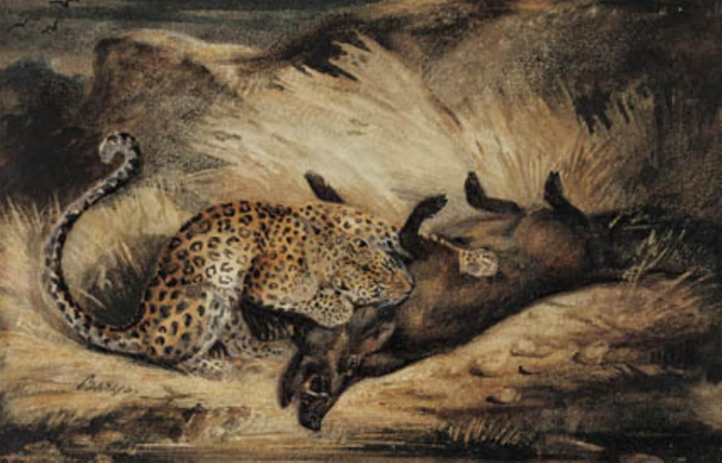 SERENDIPITP Abstract Painting Mural Print Picture Wall Decor Painting Leopard Eats a Wild Boar by Antoine Louis Barye Vintage Wall Artwork for Home Decor 60x90cm