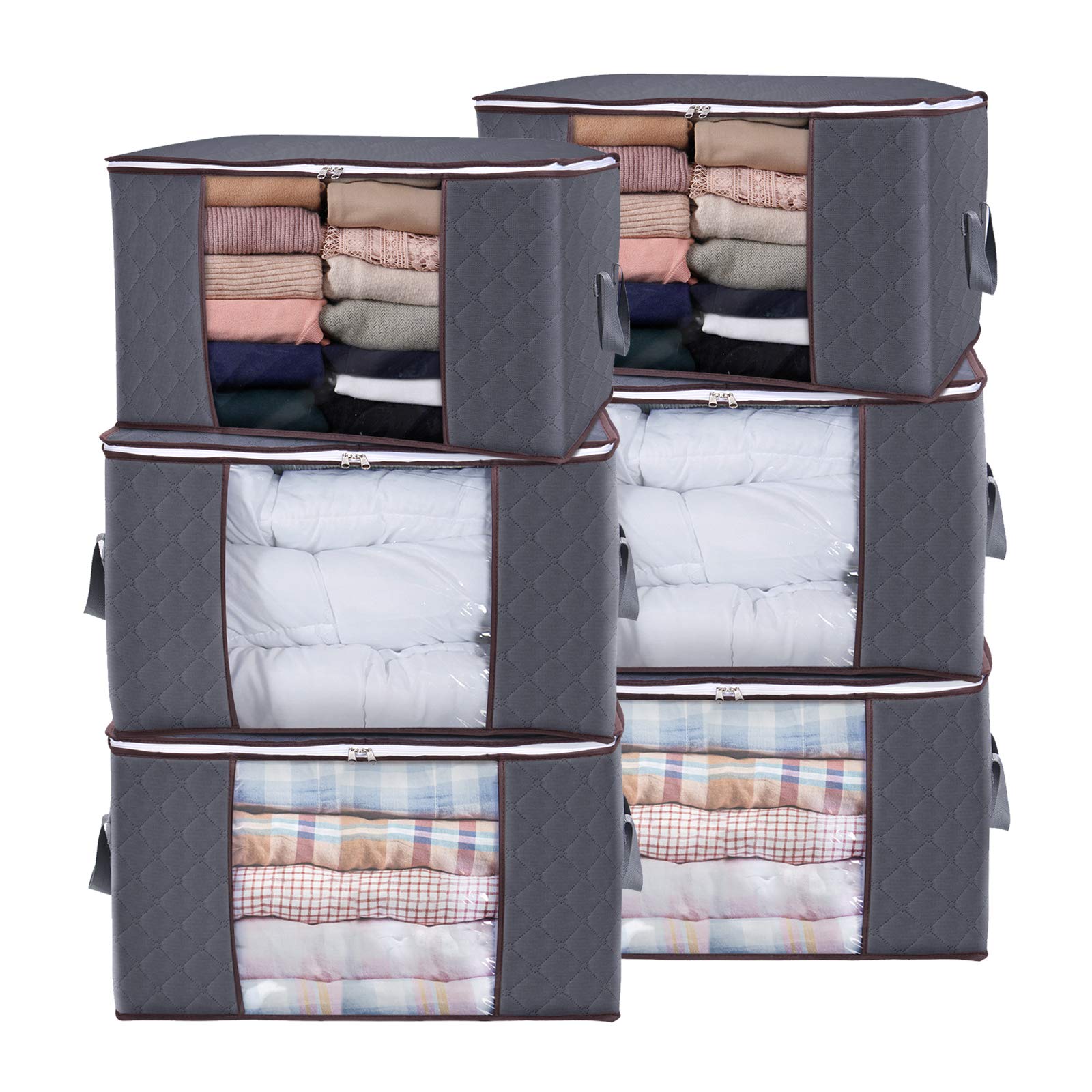 Lifewit 90L Large Capacity Clothes Storage Bags Organizer with Reinforced Handle, Foldable Clothing Storage for Comforters, Blankets, Bedding, with Sturdy Zipper, Clear Window, 6 Pack, Grey