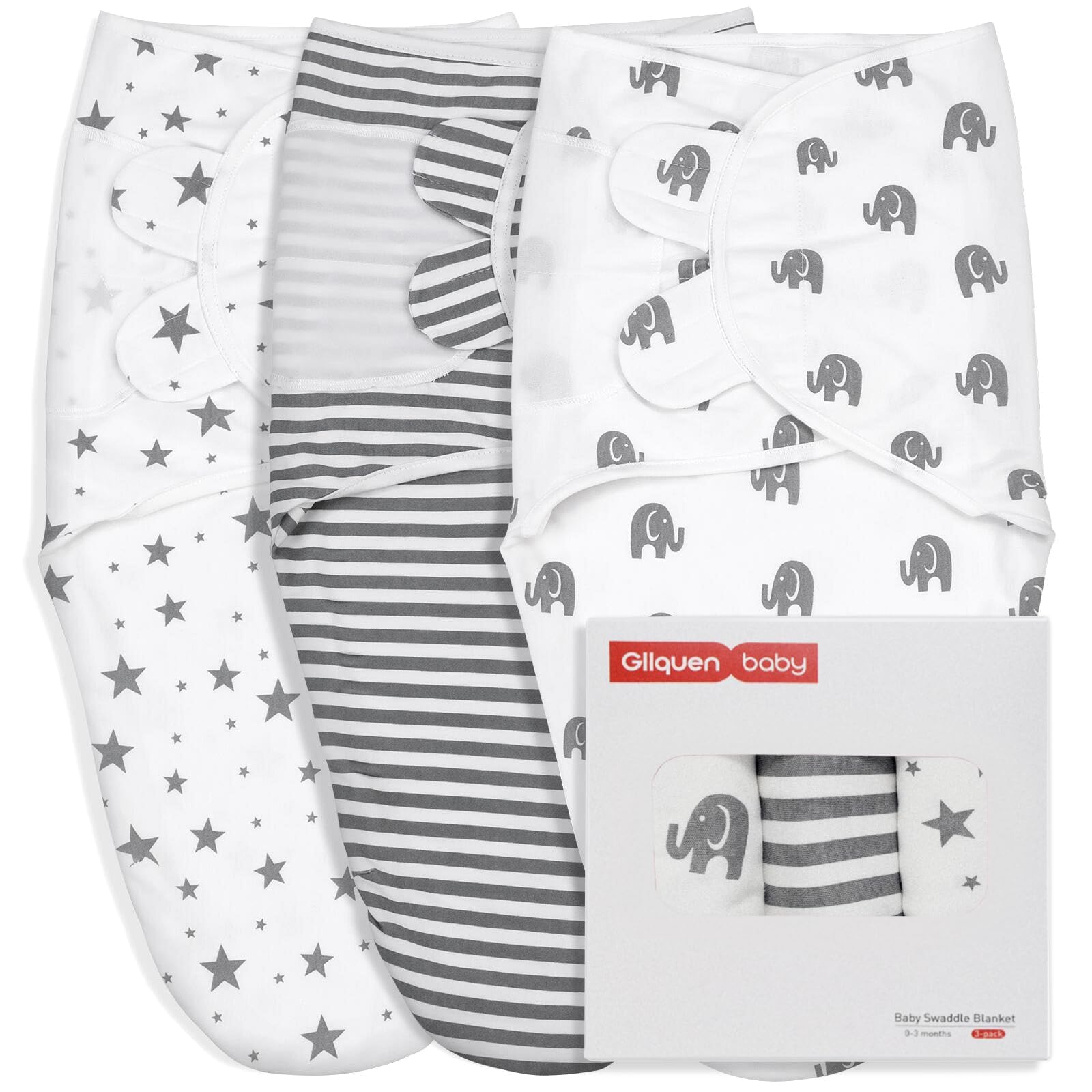 GLLQUEN BABY Swaddle Blankets for Baby Boy Girl, 3-6 Months, Gray Elephant Star & Stripe, 3 Pack Wrap Set, Newborn Adjustable Swaddles Sleep Sack,(Medium/Large)