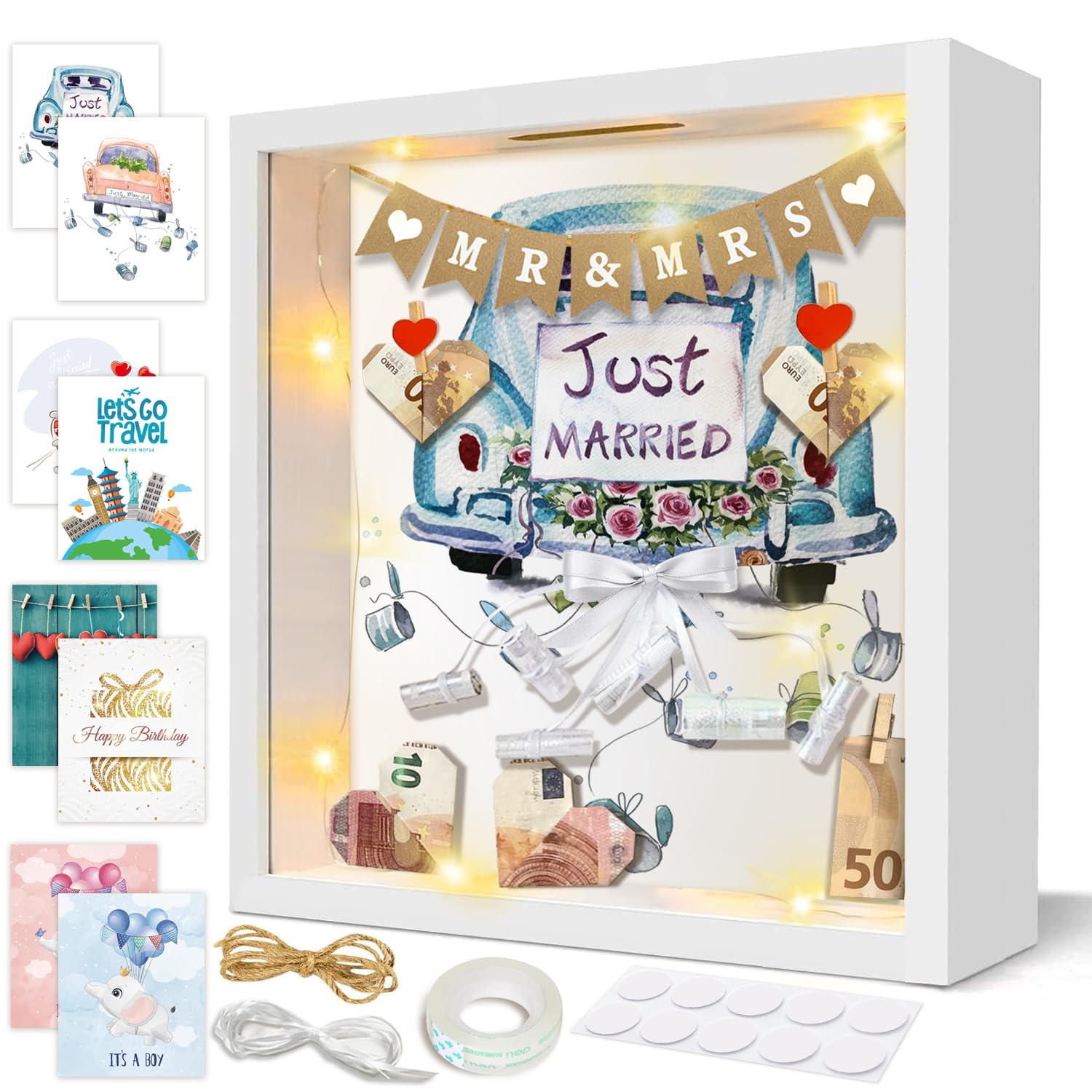 3D Bilderrahmen zum Befüllen, 8 IN 1 Geldgeschenk Personalisiert Objektrahmen Hochzeitsgeschenke für Brautpaar Tiefer Rahmen mit Licht Spardose Geschenk für Taufe Hochzeit Geburtstag Reisen