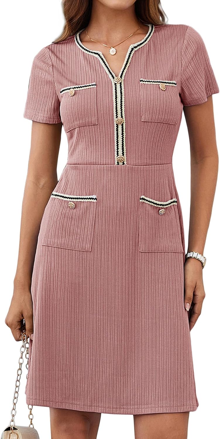 GRACE KARIN Women 2025 Summer V Neck Short Sleeve Button Knit Color Block A Line Elegant Formal Work Dresses with Pocket GRACE KARIN Women 2025 Summer V Neck Short Sleeve Button Knit Color Block A Line Elegant Formal Work Dresses with Pocket