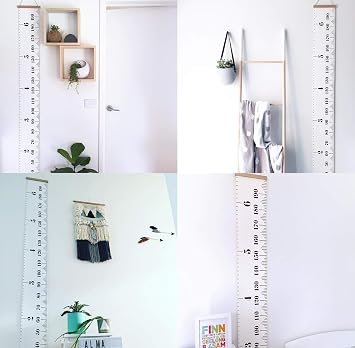 SUJAYU Growth Chart for Kids, Canvas Height Chart Ruler Removable Wood Hanging Wall Ruler Measurement Chart for Home Decoration (White)